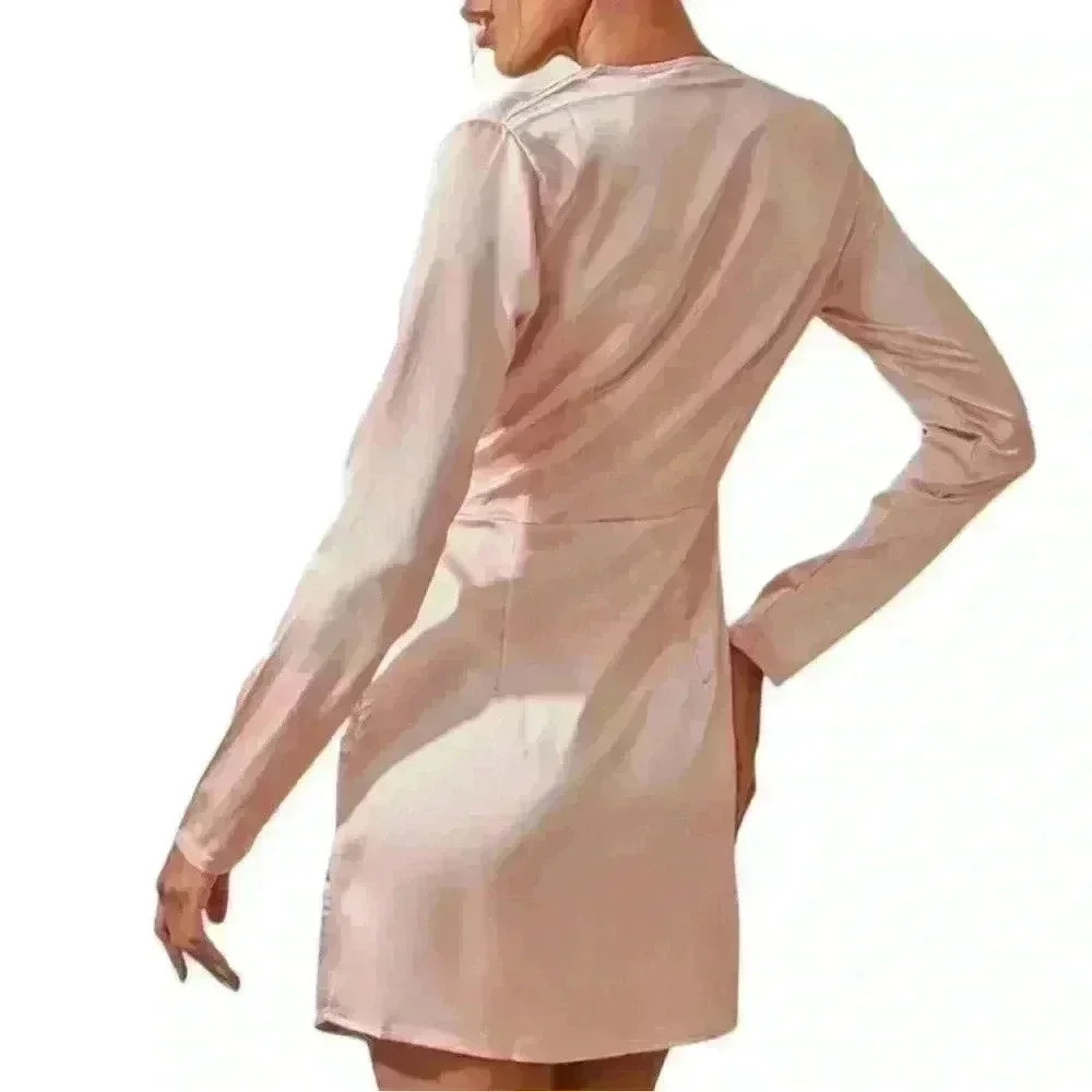 PrettyLittleThing Nude Satin Long Sleeve Wrap Dress - Picture 3 of 13
